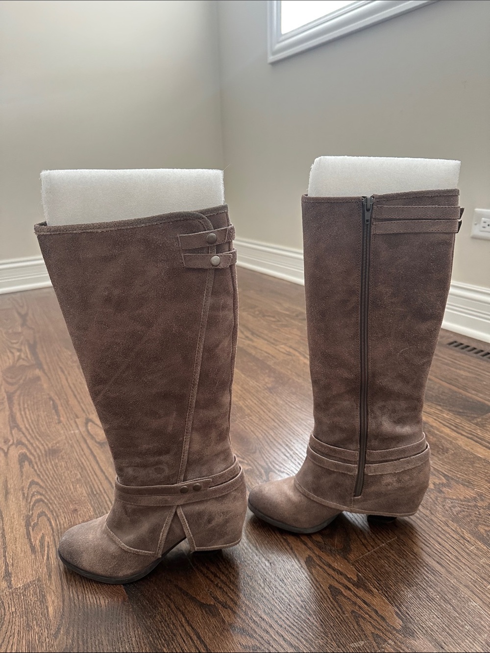 Fergie Taupe Suede Knee Boots with Wrap Strap Detail - Picture 3 of 4